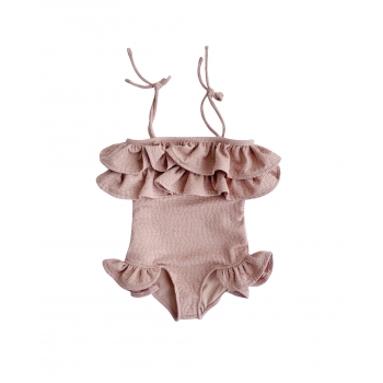 Pleated one-piece swimsuit with frills
