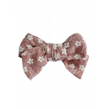 Muslin bow clip with embroidered flowers